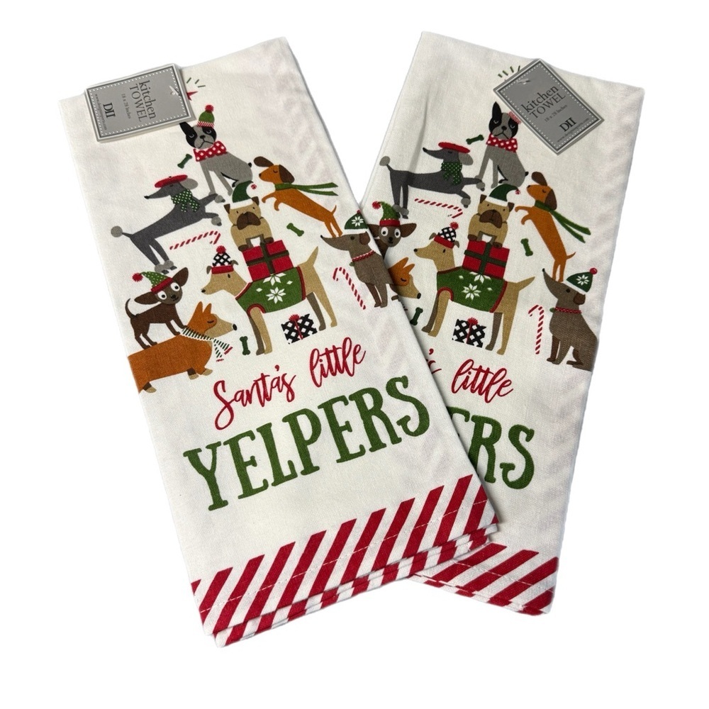 Design Imports Christmas Dog Dishtowel Set – “Santa’s Little Yelpers” NWT